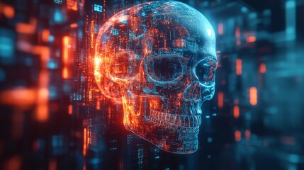 Obraz premium Futuristic digital skull design with vibrant colors and glowing binary patterns.