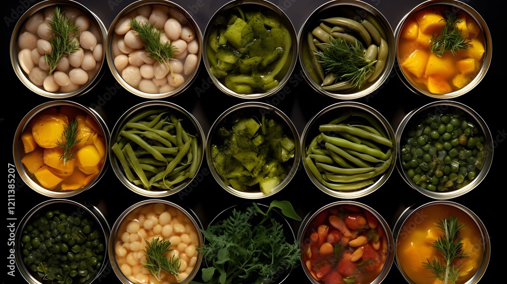 Poster a top down view of an assortment of opened canned foods surrounded by fresh herbs creating a visuall