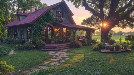 Charming cottage sunrise, rural landscape, tranquil garden. Ideal for real estate, travel, home decor