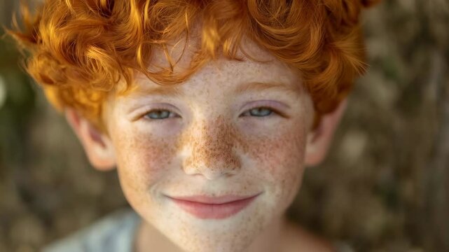 Joyful expression of a freckled redhaired child in natural light smiling gently