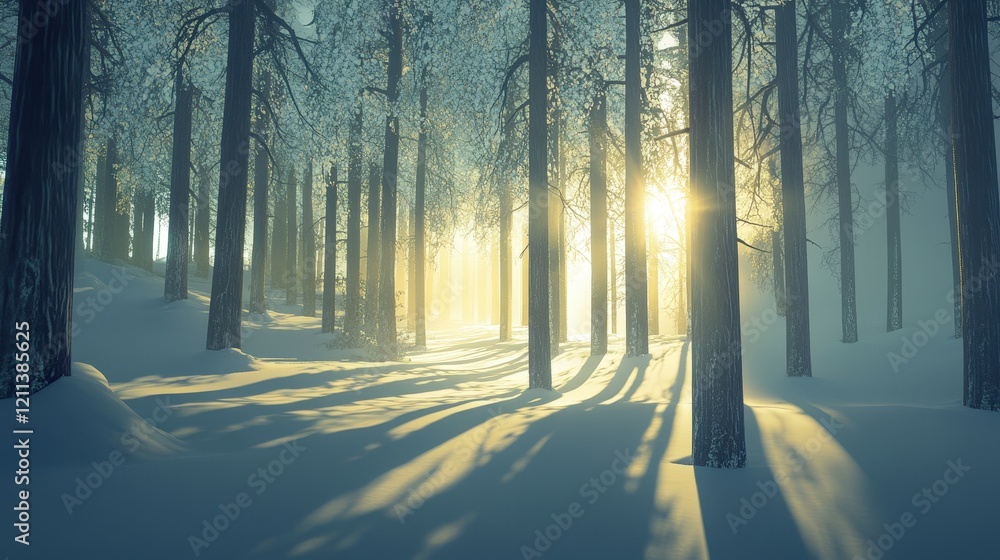 Poster a serene image of a snow-covered forest with sunlight streaming through the trees, creating long sha