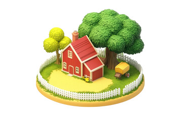 A charming cartoon-style red farmhouse surrounded by vibrant trees and a white picket fence.