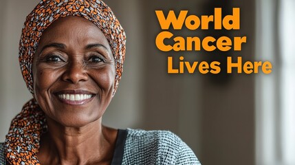 A smiling woman wearing a colorful headscarf, promoting awareness for cancer, with the words "World Cancer Lives Here" prominently displayed.