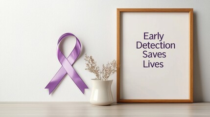 A purple awareness ribbon next to a framed message that emphasizes the importance of early detection in saving lives.