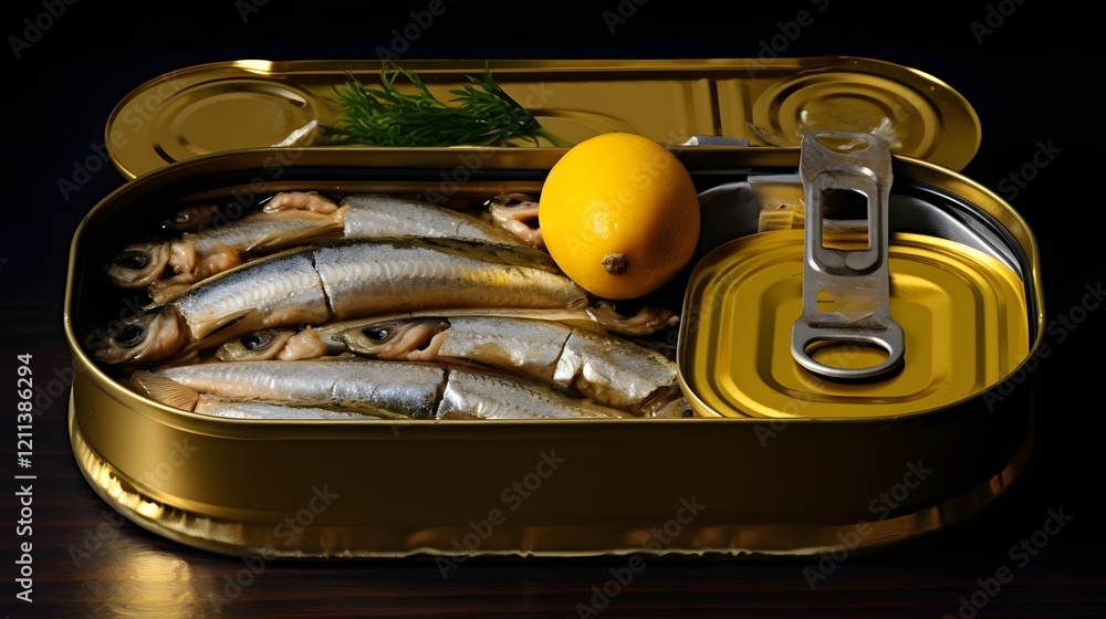 Poster freshly opened can of sardines served with lemon wedges and crackers creating a simple yet flavorful