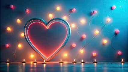 Romantic Heart Shaped Neon Light with Illuminated String Lights and Candles on a Dark Blue Background