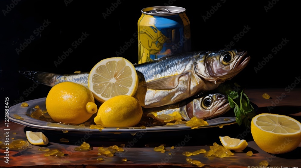 Poster freshly opened can of sardines served with lemon wedges and crackers on a rustic wooden tabletop