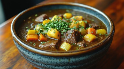Hearty Beef Stew in Rustic Bowl: A Warm and Comforting Meal