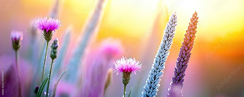 Poster pastel spring concept. vibrant flowers blooming under soft sunlight, creating a serene and colorful 