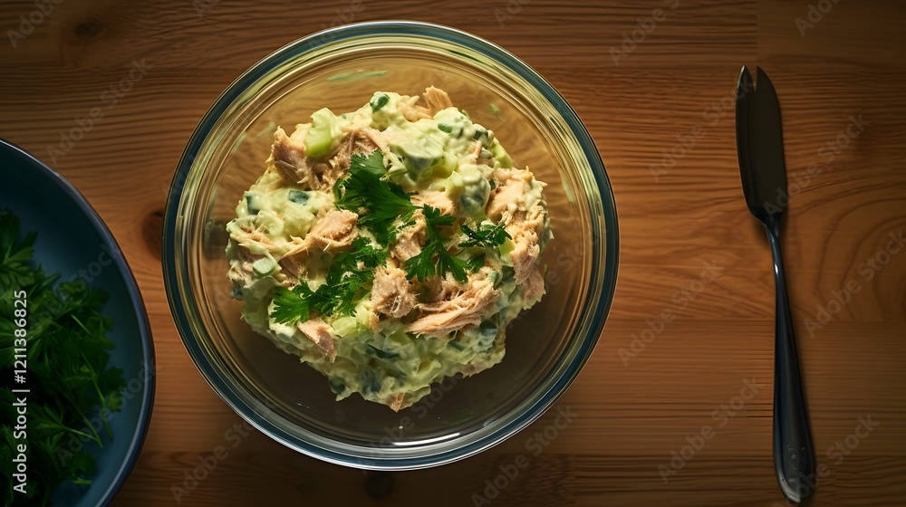 Poster a top down flat lay view of canned tuna salad being prepared on a kitchen table with various fresh i