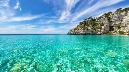 Fototapeta premium Scenic view of turquoise waters and rocky cliffs under dynamic blue skies. Idyllic seascape with clear waters and tranquil surroundings. Ai generative