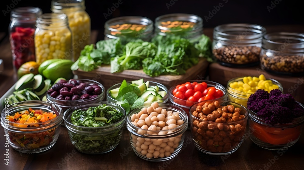 Poster healthy and convenient meal prep scene featuring canned beans and vegetables arranged in a 16 9 aspe