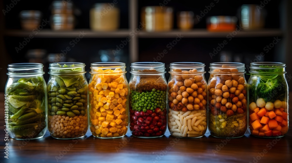 Poster a visually appealing meal prep scene showcasing the use of canned beans and assorted fresh vegetable