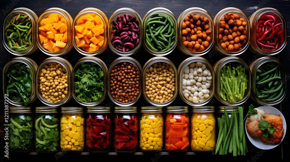 Poster overhead view of a healthy and balanced meal prep scene featuring canned beans vegetables and other 