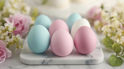 Pastel easter idea. Colorful pastel eggs arranged beautifully among flowers.