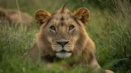 Obraz premium A lion is laying in the grass with its head up