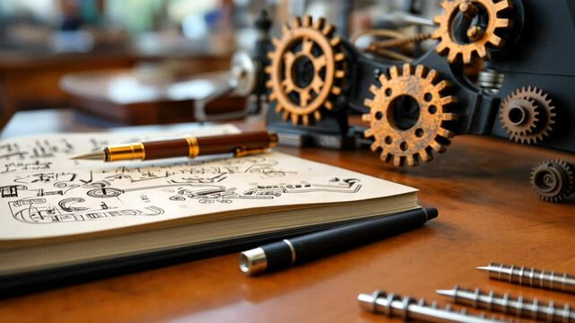 abstract background vintage gears on rustic vintage book or paper with complex equation mathematic on it, problem solving for business and innovative concept