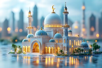 Obraz premium 3d modern Islamic banner, suitable for Ramadan, Eid al Fitr, and Eid al Adha with mosque, lantern, crescent moon,