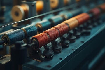Spools of color threads closeup, spinning machine, Generative AI