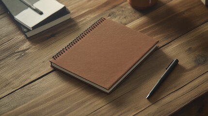 Brown Notebook on Wooden Table with Pen