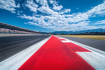 Racing Track Perspective with Grandstands and Cloudy Sky