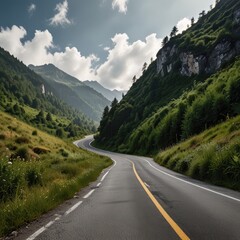 Naklejka premium Winding mountain road surrounded by lush greenery, isolated.