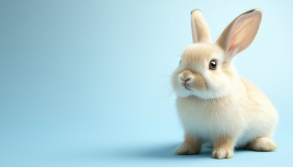Cute baby rabbit on soft blue background.