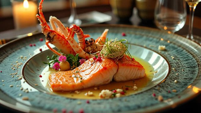 Exquisite lobster tail and grilled fish fillet garnished with edible flowers on a gourmet plate. Concept of fine dining and culinary artistry