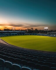 Fototapeta premium A serene image of an empty stadium at dawn, with clean rows of seats and the field perfectly groomed