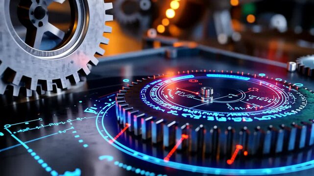 abstract background innovative futuristic technology or business management concept, gears with neon light and complex equation mathematic background