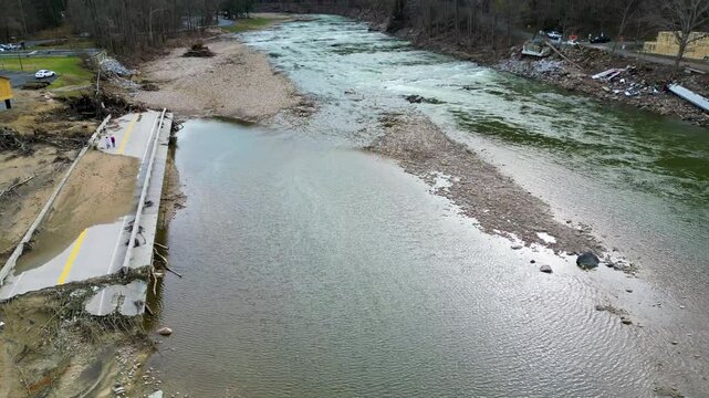 4K Aerial Drone Video of Washed Out Bridge Across the Nolichucky River in Erwin, TN after Hurricane Helene (2024)