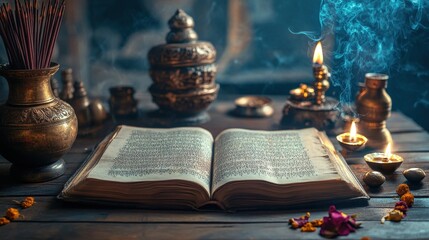 A serene image of an open Vedic manuscript placed on a wooden desk, surrounded by incense and traditional bells