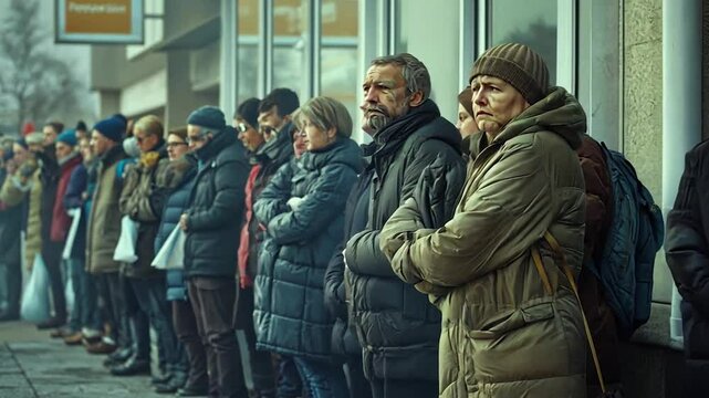 A diverse group of people standing in a queue outside a building, showcasing the shared experience of waiting. The scene captures the essence of patience, community, and urban life.