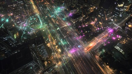 A cityscape with a lot of orange lights and a lot of buildings