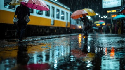Obraz premium People walking on a rainy day with colorful umbrellas and reflections.