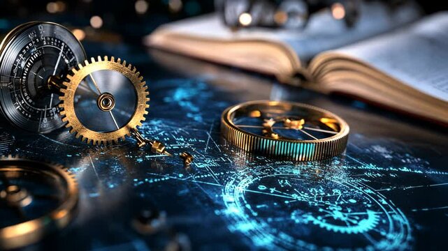 abstract background innovative futuristic technology or business management concept, gears with neon light and complex equation mathematic background