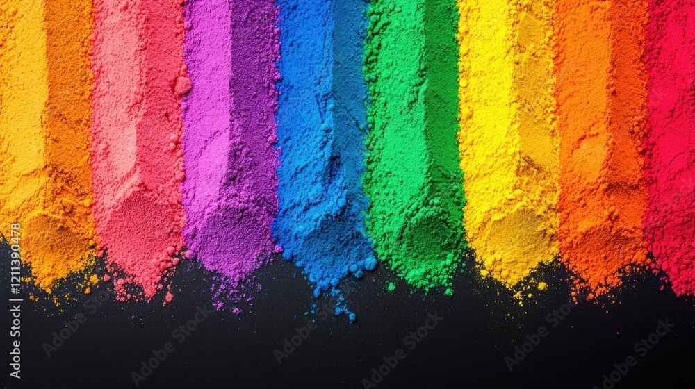 Poster rainbow holi idea. vibrant colored powders arranged in stripes, showcasing a spectrum of hues and te