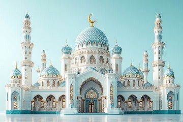 Fototapeta premium 3d modern Islamic banner, suitable for Ramadan, Eid al Fitr, and Eid al Adha with mosque, lantern, crescent moon,