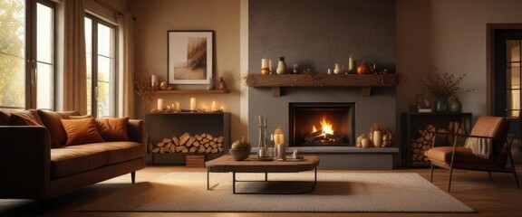 Cozy fall living room with fireplace and warm lighting , autumn, living room
