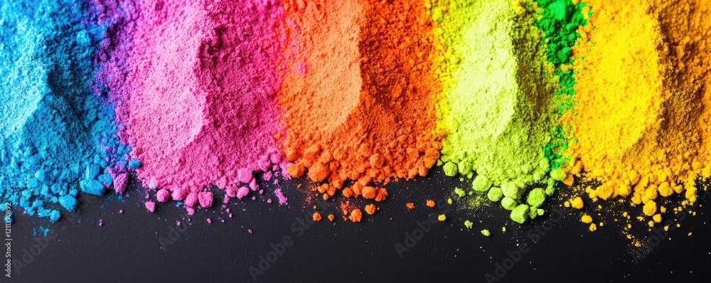 Poster rainbow holi idea. colorful powdered pigments arranged in vibrant rows on a dark background.
