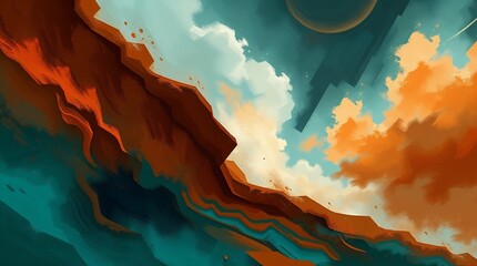 Abstract digital painting depicting intense dramatic weather with warm terracotta and cool teal tones.  Earthy and cool contrast emphasized in stormy skies. High tension conveyed through tectonic.