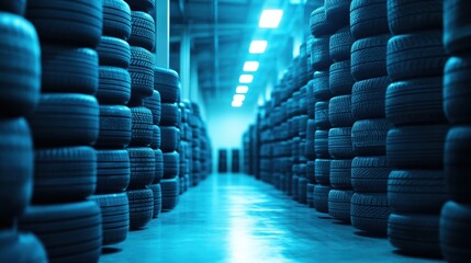 Stacked Tyres Ready for Shipment in Warehouse Environment