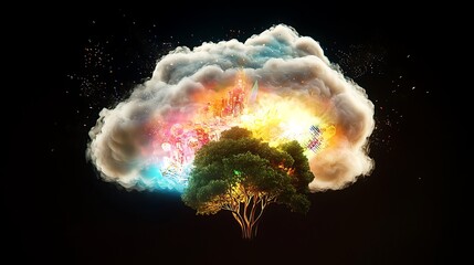 Fototapeta premium A colorful explosion of a cloud with a tree in the middle