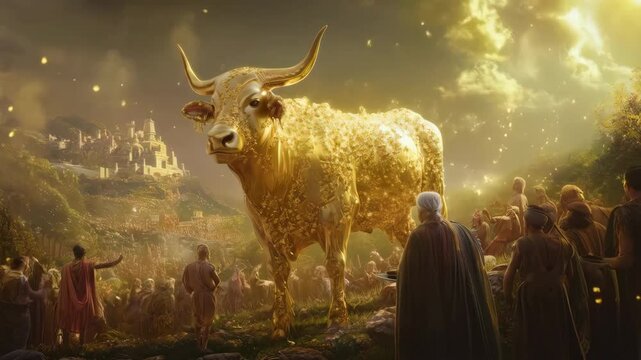 Golden calf worship in mystical ancient gathering amidst glowing landscape