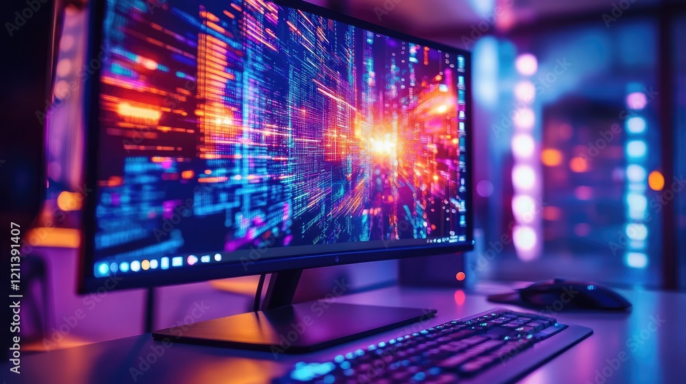 Poster digital computer monitor showcasing intricate pixel details with high contrast color variations