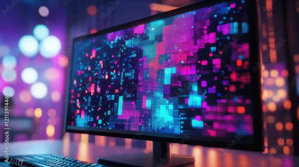 Poster digital computer monitor showcasing intricate pixel details with high contrast color variations