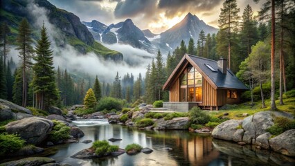 Fototapeta premium Serene Mountain Cabin Retreat by a Tranquil River, Nestled Amongst Majestic Peaks at Dawn