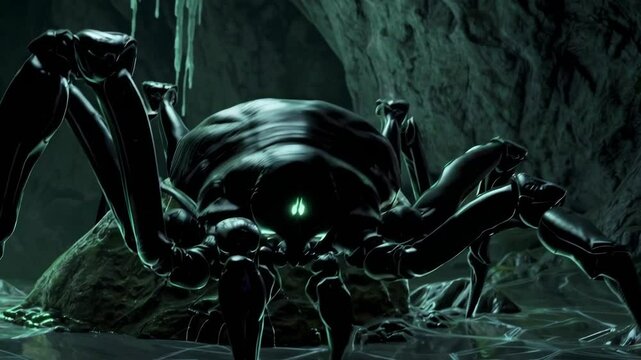 Massive black spider-like entity with glowing eyes crawling in a mysterious cave

