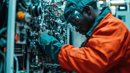 Technician repairing machinery in a modern industrial setting.
