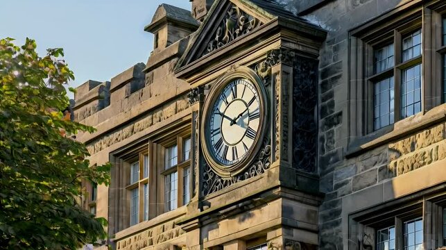 Stone building clock, autumn sun, leafy tree, educational setting